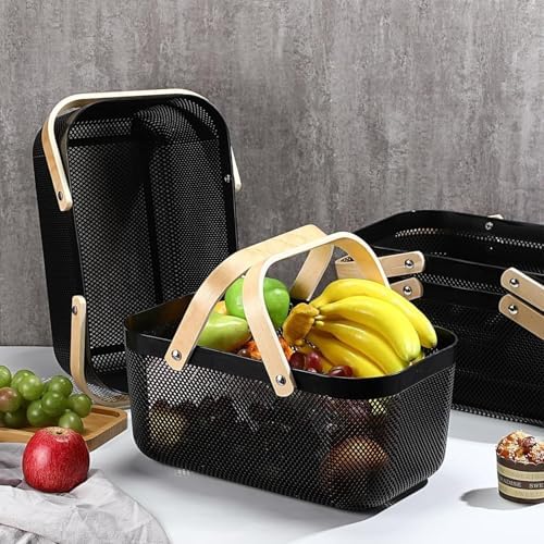 3pcs Collapsible Wooden Handle Plastic Harvest Basket - Rectangular Garden Storage Basket for Picking and Collecting Vegetables, Fruits - Ideal for Garden Cabinets & Outdoor Use (Black)