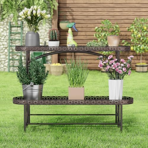 Plant Stand Outdoor Indoor 2 Tier Metal Pland Stand, Detachable Heavy Duty Tall Plant Shelf Rack Flower Pot Holder for Patio Garden Balcony Living Room, Distressed Vintage Black