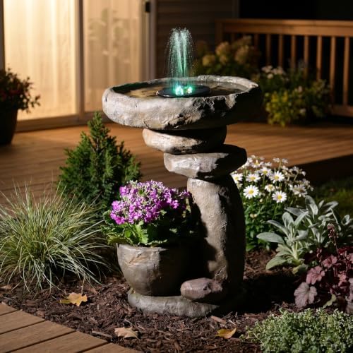 Solar BirdBath Water Fountain Outdoor with LED Lights, Solar Water Fountain for Bird Bath, Resin Garden Water Fountain Outdoor Bird Fountain for Patio Yard Backyard Décor