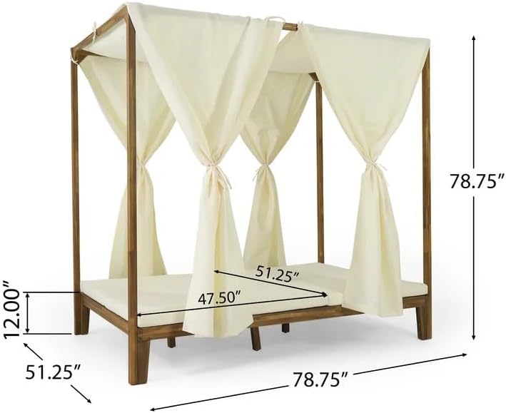 kevinplus Outdoor Patio Sunbed Daybed with Adjustable Reclining Chaise Lounge & Water-Resistant Canopy & Curtain, Solid Wood Construction, Cream White