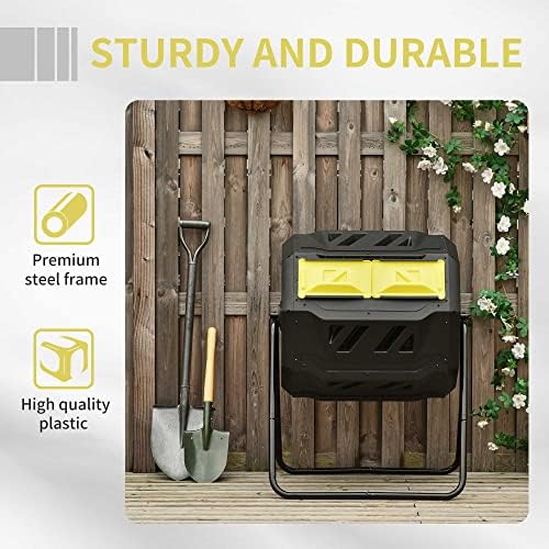 Outdoor Tumbling Compost Bin 360° Dual Chamber Rotating Composter 43 Gallon Yellow for Efficient Home Gardening Composting