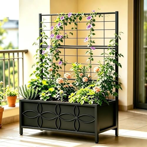 Zhongma Sturdy Raised Garden Bed with Trellis (15.75 x 35.43 x 48.8 in) for Vegetables Flower, Planter Box for Backyard Patio Balcony