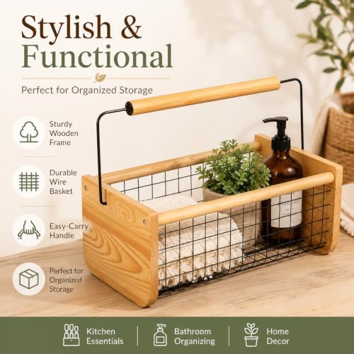 Vintage Harvest Basket Pine Wood & Metal Mesh Wire Design Wooden Frame with Straight Handle for Fruits Vegetables Kitchen Organization Decorative Storage Home Décor & Garden Display