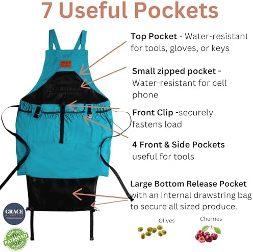 Gardening Apron with Pockets for Women & Men - Garden Apron 7 Pockets & Internal Drawstring Bag - Great Gift