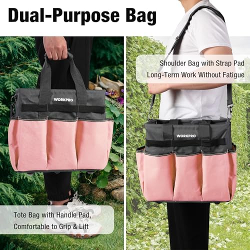 WORKPRO Garden Tool Bag, 10 Pockets and Shoulder Strap, Pink