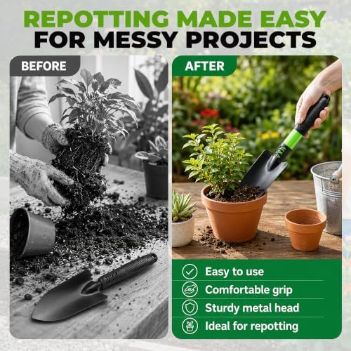 Bloomix 3 pcs Black Stainless Steel Gardening Tools Set – Heavy Duty Hand Trowel, Hand Rake & Hoe Cultivator with Ergonomic Handles – Durable Garden Tool Kit for Plant Care and Soil Work