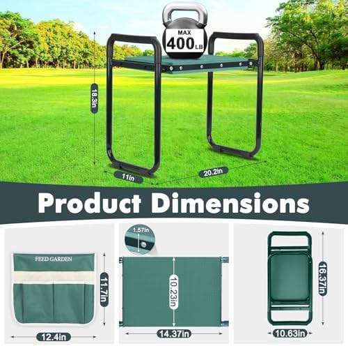 Garden Kneeler and Seat, Upgraded Foldable Gardening Stool with 10.23" Wide Kneeling Pad, Heavy Duty Gardening Bench Chair with 2 Tool Pouches, Gardening Gifts for Seniors Mom Women Men