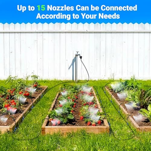 50FT Drip Irrigation System, 1/4" Tubing Automatic Misting Watering Kit with 15Pcs 360° Adjustable Nozzles, Garden Sprinkler for Yard, Lawn & Outdoor Plants