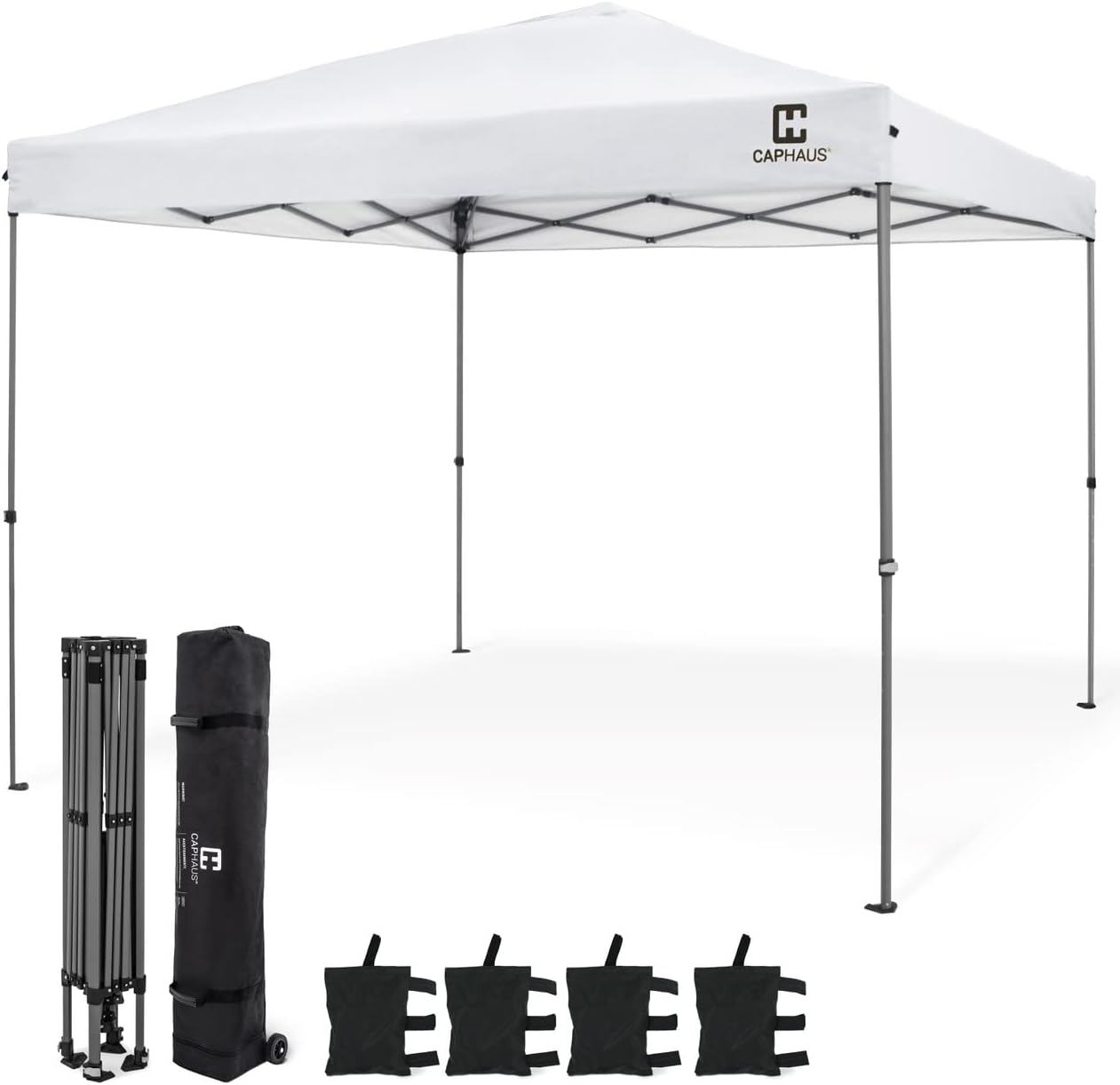 CAPHAUS 12ft x 12ft Patented One-Push Pop Up Outdoor Canopy Tent, Heavy-Duty Commercial Grade w/Central Lock, Portable and Instant Folding Shelter with Wheeled Carry Bag and Weight Bag, White