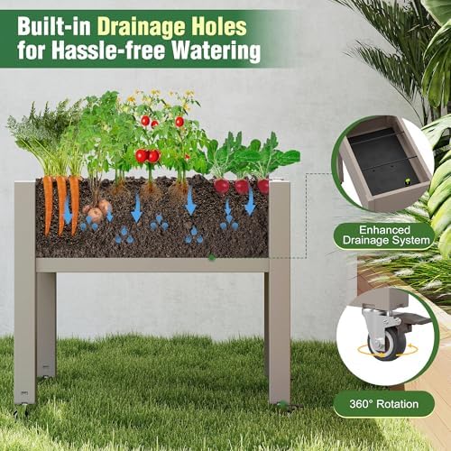 Elevated Raised Garden Bed with Wheels,Planter Box,Gray-26.3" h