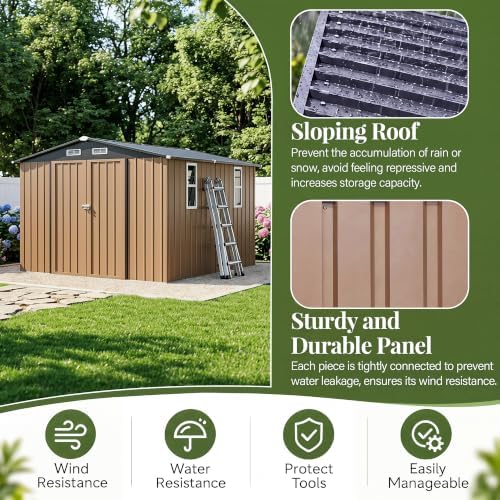 LAUSAINT HOME 10 x 10 FT Outdoor Storage Shed with Windows, Heavy Duty Galvanized Steel Storage Shed with Double Lockable Doors, Gable Roof & Air Vent for Backyard, Brown