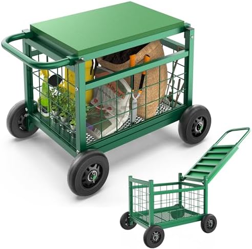 Garden Cart with Seat,3-in-1 Rolling Seat with Wheels for Seniors Gardening