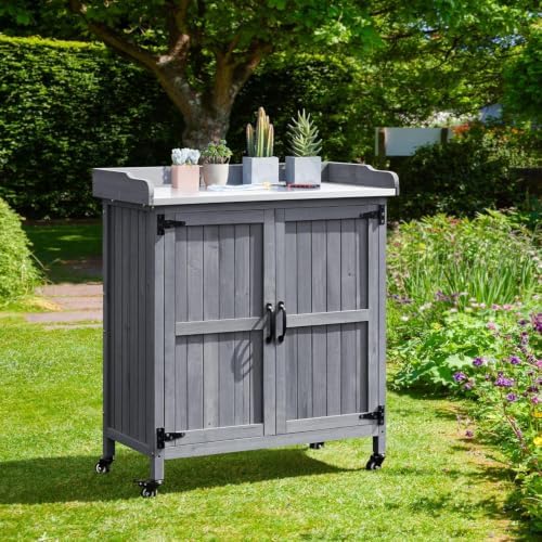 Topeakmart Potting Bench for Outside with Storage Cabinet & Metal Top,Gray