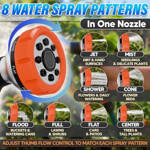 Metal Hose Sprayer Nozzle, 8 Spray Patterns, Flow Control, Black & Orange