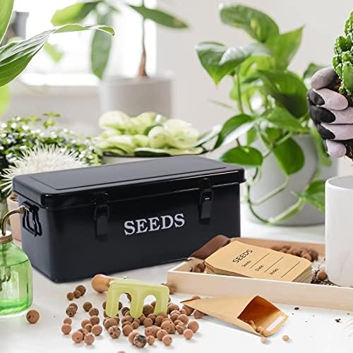Seed Saving Box, Metal Seed Bin, Seed Storage Organizer, Seed Packet Container with Lid, Seed Envelope Storage Box, 4 Compartments Garden Seed Bin with Safety Locks-Black