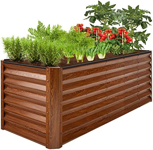 Best Choice Products 8x2x2FT Outdoor Steel Planting Box for Backyard Gardening, Deep Grow Container for Vegetables, Blooming Plants, Herbs & Seasonal Flowers with Open Bottom Design - Wood Grain