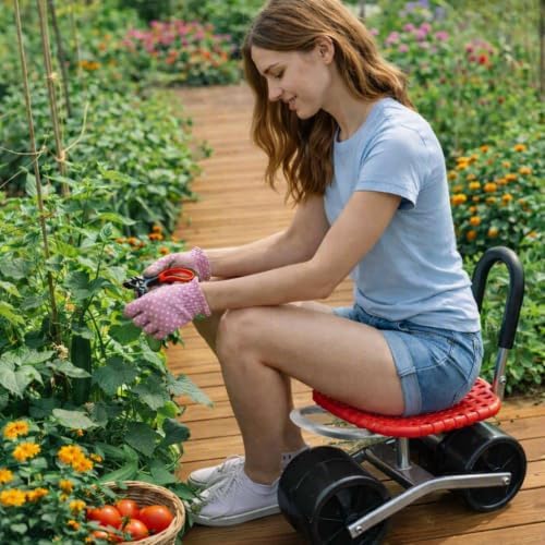 360° Swivel Garden Rolling Seat with Wheels, Red Adjustable Height
