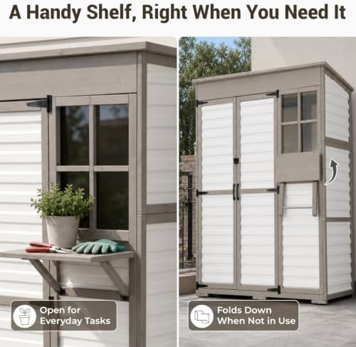 Outdoor Storage Cabinet, Fold-Down Shelf, 3 Shelves, 6 Hooks