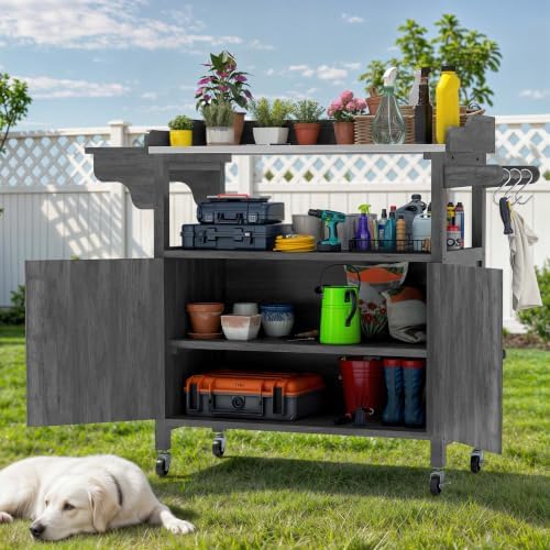 YITAHOME Rolling Potting Bench Outdoor Storage Cabinet, Lockable Wheels