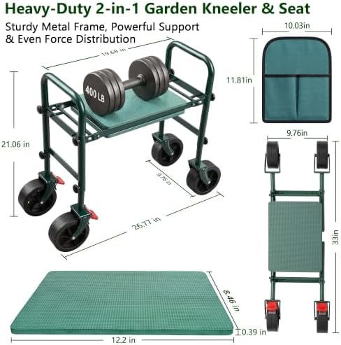 Foldable Garden Seat with 360° Swivel Brake Reversible Wheels