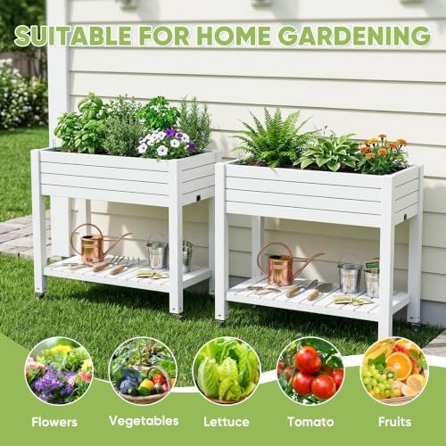 2 Outdoor Patio Raised Garden Bed Elevated Planter Box Resin Plant Stand Gardening with Storage Shelf Legs Wheels Drainage Water Gauge,White