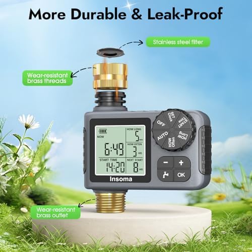 Sprinkler Timer with Brass Inlet & Outlet, Water Timer for Garden Hose with Auto/Manual/Rain Delay Mode, Easy Setup Hose Timers for Lawn, Garden, Vacation Watering,1 Outlet