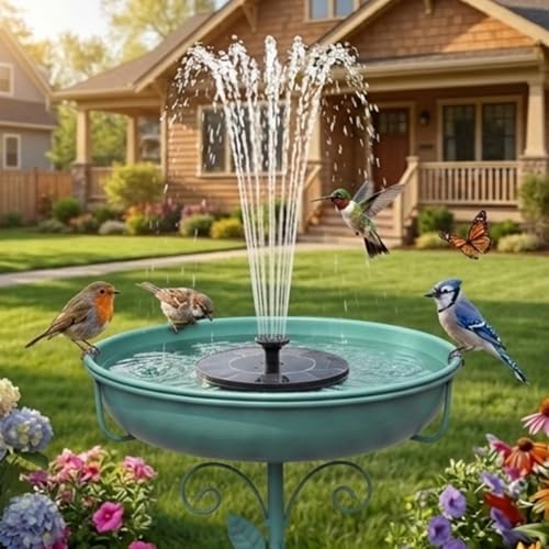 Solar Bird Bath Fountain, Green Metal Stand, 7 Nozzle, Outdoor Garden Decor