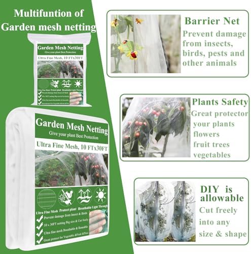 Garden Mesh Netting Kit, Plant Covers 10x30Ft Ultra Fine Mesh Netting & 6Pcs Garden Hoops &18 Clip, Garden Netting Kit for Raised Beds Plants Pest Barrier Greenhouse Row Cover Animal Protection Net