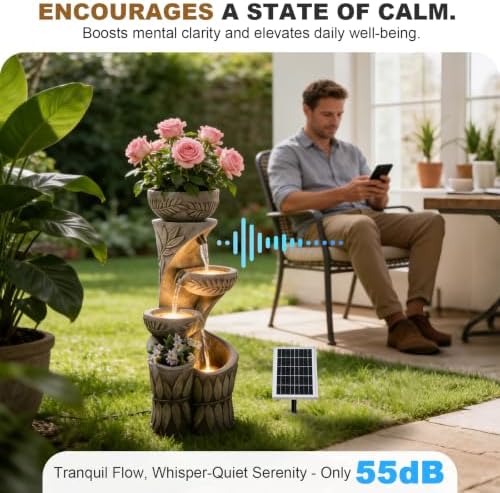 35.5" H Solar Water Fountain Outdoor with LED Lights, 4-Tier Cascading Garden Fountain with Planter Pots, Solar Powered Waterfall for Patio Yard Porch