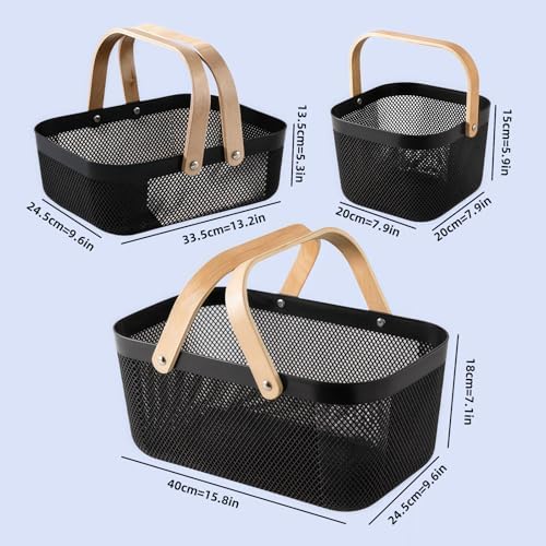 3pcs Collapsible Wooden Handle Plastic Harvest Basket - Rectangular Garden Storage Basket for Picking and Collecting Vegetables, Fruits - Ideal for Garden Cabinets & Outdoor Use (Black)