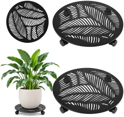 Planterhoma 2 Packs 15 Inch Rolling Plant Stand with Wheels Metal Plant Caddy with Wheels Heavy Duty Plant Rollers with Metal Wheels Round Wrought Iron Plant Stand with Tropical Leaf