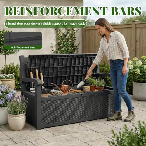 100-Gallon Lockable Outdoor Storage Bench, Waterproof Outdoor Deck Storage Box, Resin Patio Deck Bench with Rattan Texture & Hidden Storage, All-Weather Deck Box for Patio, Black