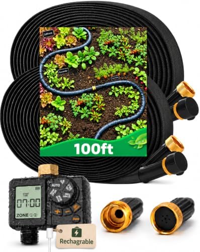 MIXC 2026-Thickened Soaker Hose 100Ft with Rechargeable 2-Zone Water Timer