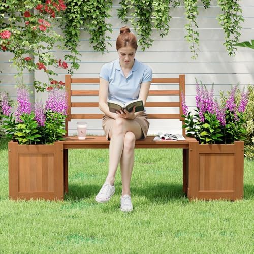 GIANTEX Set of 2 Outdoor Bench with Backrest, Wood Raised Garden Bed w/Open Base, Weather-Resistant Square Deep Planter Boxes for Flowers Fruit Vegetable, Bench Seat for Porch Yard Balcony Lawn