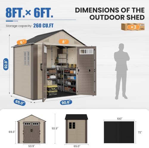 Amopatio 8x6 FT Outdoor Storage Shed with Floor, HDPE Resin Shed with Lockable Door, Window & Vents, for Bike, Garden Tools, Pool Supplies, Khaki
