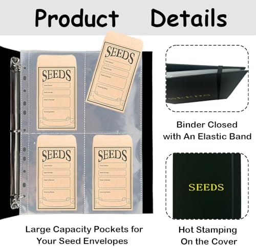 Seed Storage Organizer Binder,3 Ring Seed Packet Organizer with 100 Pockets
