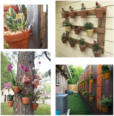 Cosmos Pack of 6 Flower Pot Clips Terracotta Pots Hangers Iron Pot Hanger Wall Hooks with Screws Holds Standard 5 to 8 inch Wall Clay Pots, Hanging on Tree Wall for Outdoor Garden Plant (Silver Tone)