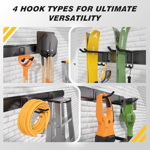 99 Inches Garage Storage, UUP Garage Organization, Wall Mount Garden Tool Organizer, Max 1000lbs Adjustable Metal Hook, Yard Shed Hanging Utility Rack, Heavy Duty Shelving for Rake Broom Mop Snowboard