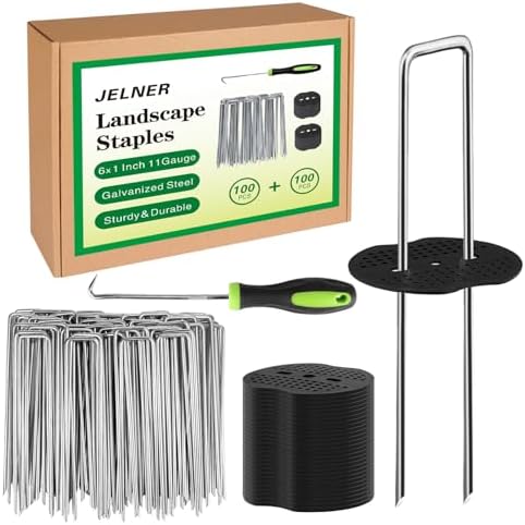JELNER Garden Stakes,6 Inch 11 Gauge 100pcs Galvanized Landscape Staples + 100pcs Gaskets + 1Pick Hook, Tent Stakes Landscaping Fabric SOD Pins for Weed Fabric Barrier,Groud Cover,Fence