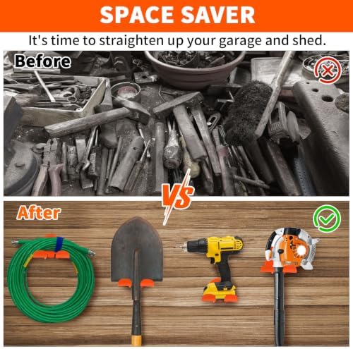 Upgraded Trimmer Rack Wall Mount - 8" Heavy Duty Weed Eater Hanger for Garage Wall, Garden Power Tool Holder Organizer Hooks for Grass Trimmer, Hedge Trimmer, Leaf Blower and Chainsaw, Orange, 2 Pack