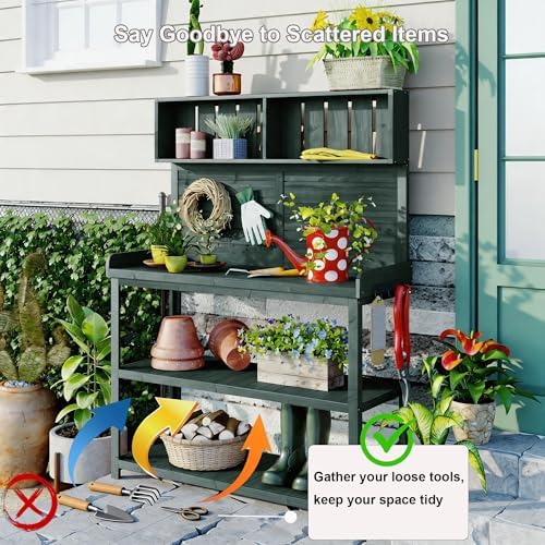 Outdoor Potting Bench with Storage Shelves and Side Hook, 65 in