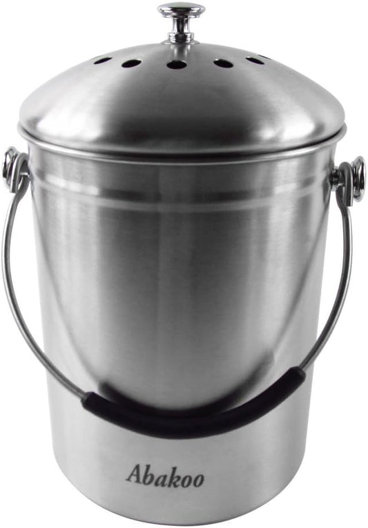 Abakoo Compost Bin 304 Stainless Steel Kitchen Composter Waste Pail Indoor Countertop Kitchen Bin Pail - Includes 4 Filters (1.3 Gallon)
