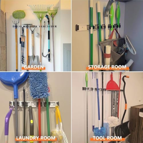 Broom Holder Wall Mount Mop Hanger Tools organizer 5Racks4Hooks,2P
