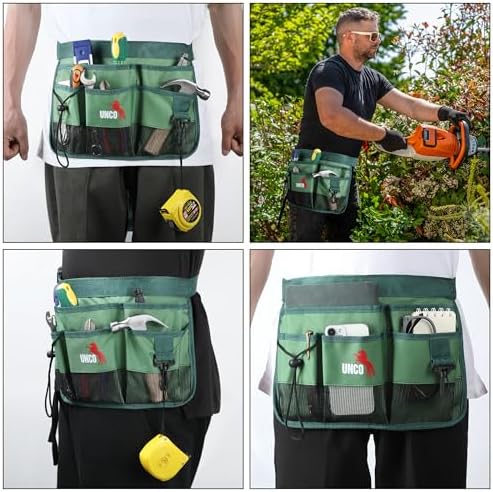 UNCO- Adjustable Gardening Belt, Green, 7 Pockets, Wear, Cut and Water Resistant, Garden Tool Belt Pouch, Waist Apron with Pockets