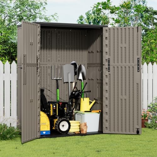 KINYING Outdoor Storage Shed,57 Cu.ft Vertical Outdoor Storage Cabinet Waterproof, Outdoor Resin Tool Shed for Patio Furniture, Garden Tools, Pool Accessories, Lawn Mower(Coffee Color)