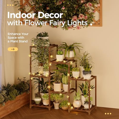 Bamworld Plant Stand Indoor with Flower Fairy Lights Battery Plant Shelf