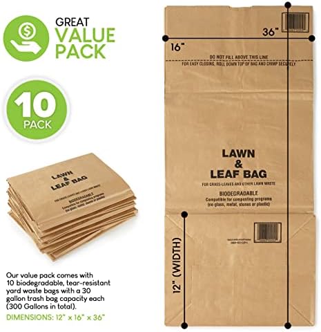 30 Gallon Kraft Lawn and Leaf Bags (10 Pack) Eco-Friendly Heavy Duty Large Paper Trash Bags, Tear Resistant Yard Waste Bags for Grass Clippings, Wet and Dry Leaves, Weeds, Twigs