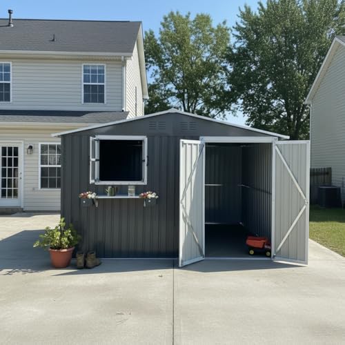 10x8 FT Metal Storage Shed with Lockable Double Doors, Coal Gray