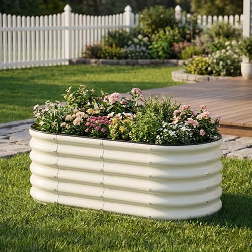 4x2x1.5ft Raised Garden Bed Outdoor, 17" Tall Galvanized Metal Planter Box, Oval Raised Garden Bed Kit for Planting Vegetables Plants Fruits, Beige White