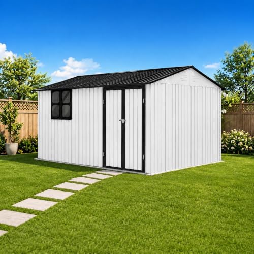 10x12 FT Outdoor Storage Shed, Large Metal Garden Shed with Window & Hinged Door, Upgraded Outside Tool Shed with Foldable Worktable & 2 Shelves, Waterproof Storage Building for Backyard, White+Black